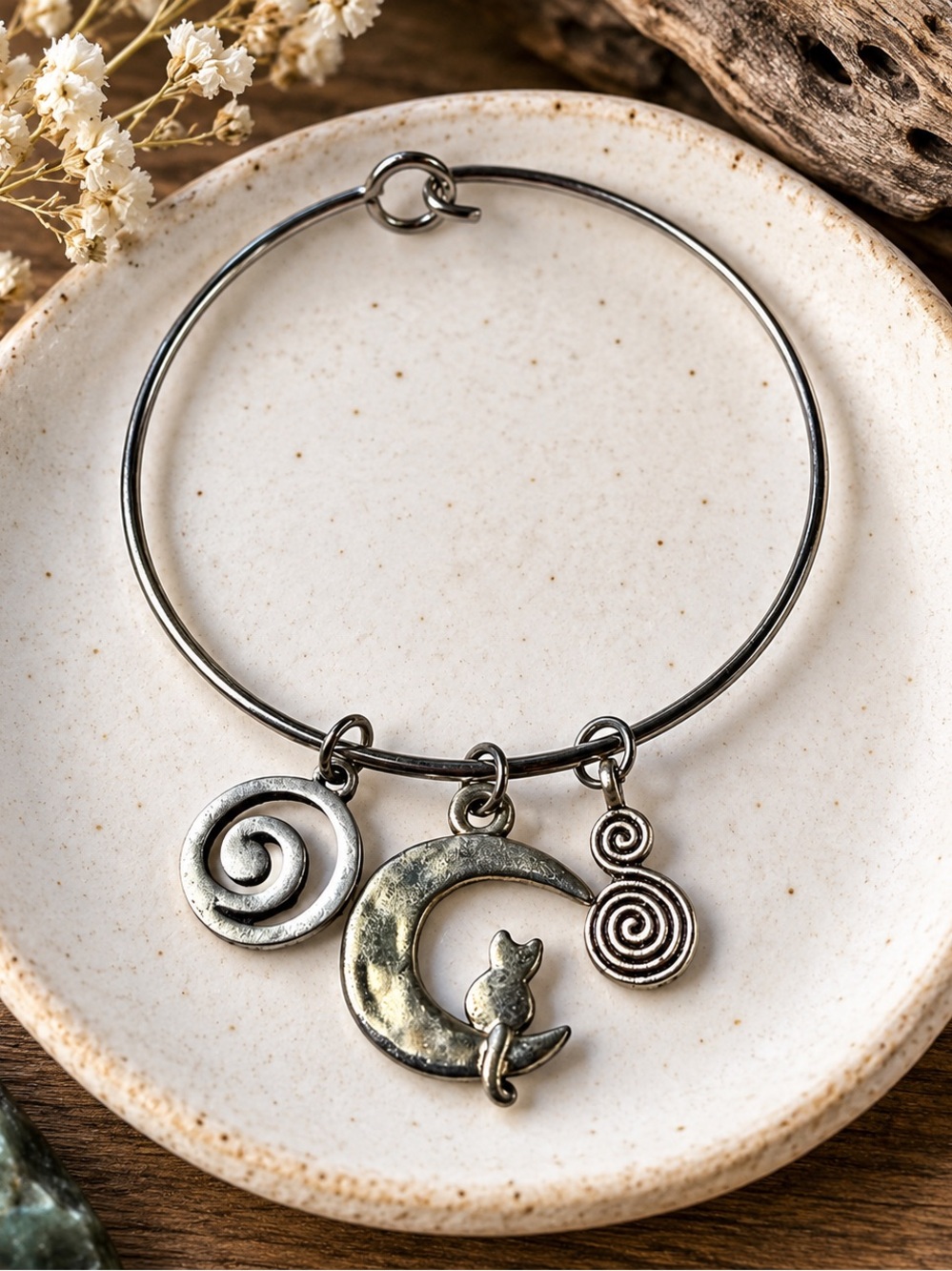 Silver Cat Moon Charm Bracelet - Pet Lover Jewelry